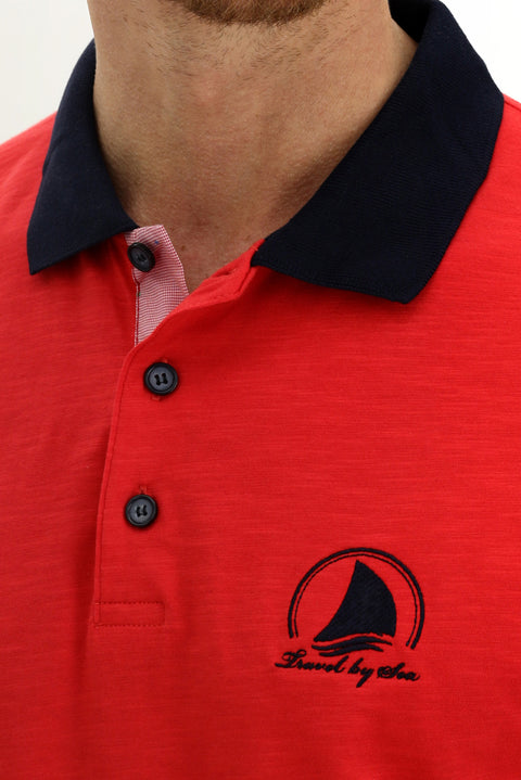 Nar Çiçeği Polo Yaka Slim Fit Dar Kesim Desenli Pamuk Tişört