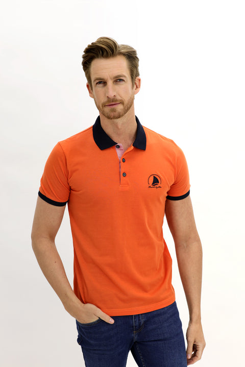 Kiremit Polo Yaka Slim Fit Dar Kesim Desenli Pamuk Tişört