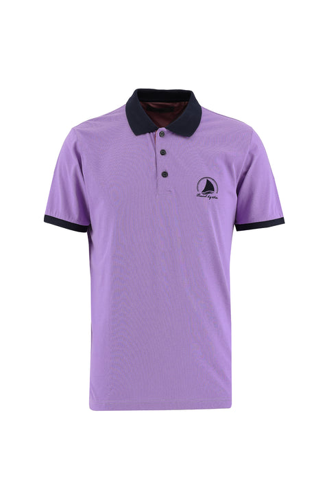 Lila Polo Yaka Slim Fit Dar Kesim Desenli Pamuk Tişört