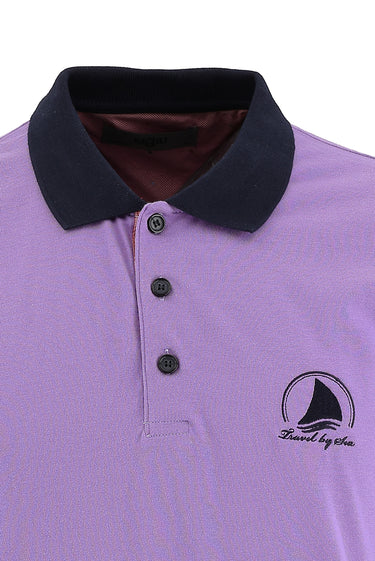 Lila Polo Yaka Slim Fit Dar Kesim Desenli Pamuk Tişört