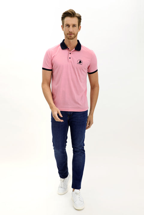 Orta Mor Polo Yaka Slim Fit Dar Kesim Desenli Pamuk Tişört