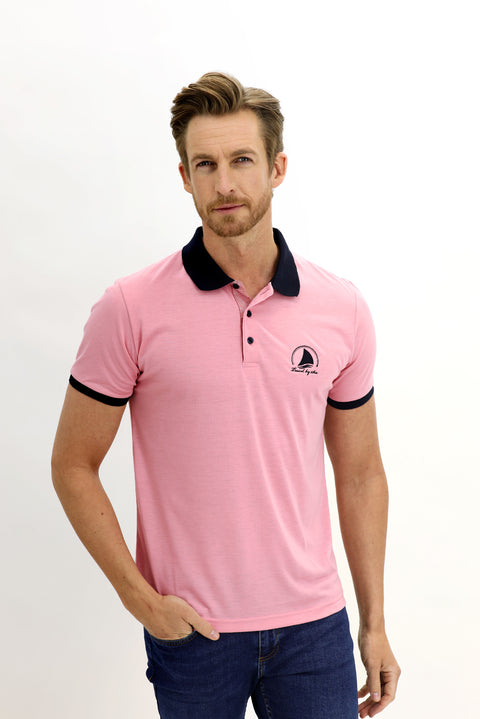 Orta Mor Polo Yaka Slim Fit Dar Kesim Desenli Pamuk Tişört