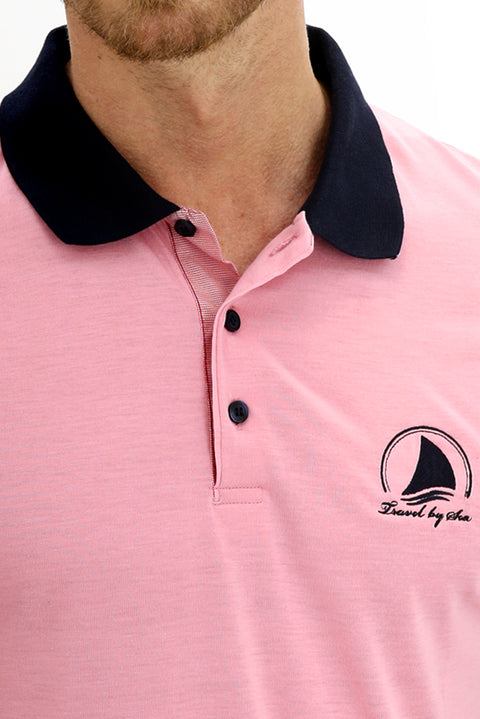 Orta Mor Polo Yaka Slim Fit Dar Kesim Desenli Pamuk Tişört