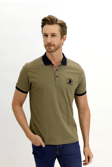 Çağla Yeşili Polo Yaka Slim Fit Dar Kesim Desenli Pamuk Tişört