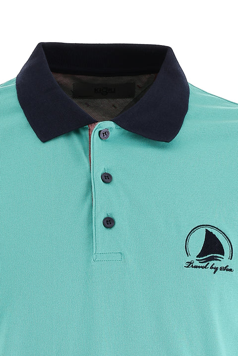 Mint Yeşili Polo Yaka Slim Fit Dar Kesim Desenli Pamuk Tişört