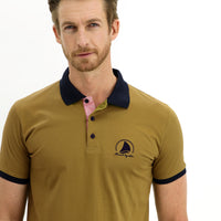 Yağ Yeşili-Olive Polo Yaka Slim Fit Dar Kesim Desenli Pamuk Tişört