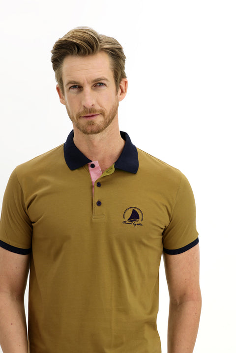 Yağ Yeşili-Olive Polo Yaka Slim Fit Dar Kesim Desenli Pamuk Tişört