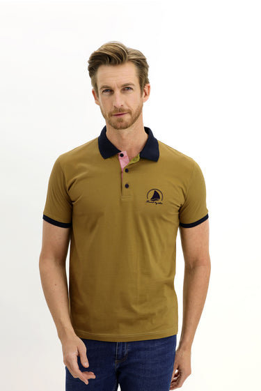 Yağ Yeşili-Olive Polo Yaka Slim Fit Dar Kesim Desenli Pamuk Tişört