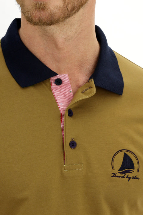 Yağ Yeşili-Olive Polo Yaka Slim Fit Dar Kesim Desenli Pamuk Tişört