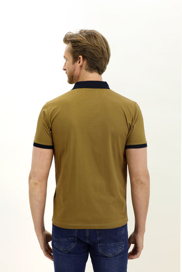 Yağ Yeşili-Olive Polo Yaka Slim Fit Dar Kesim Desenli Pamuk Tişört