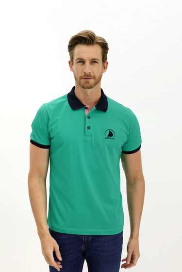 Koyu Yeşil Polo Yaka Slim Fit Dar Kesim Desenli Pamuk Tişört