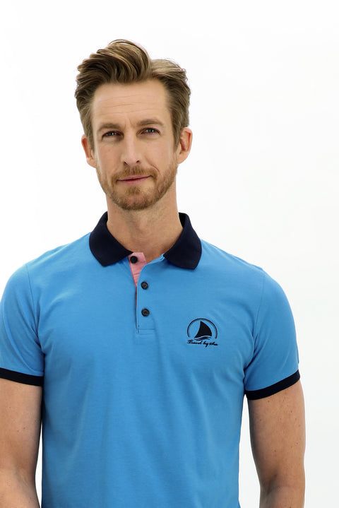 Orta Turkuaz Polo Yaka Slim Fit Dar Kesim Desenli Pamuk Tişört