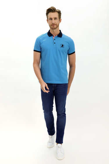 Orta Turkuaz Polo Yaka Slim Fit Dar Kesim Desenli Pamuk Tişört