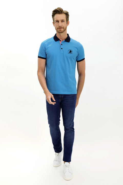 Orta Turkuaz Polo Yaka Slim Fit Dar Kesim Desenli Pamuk Tişört