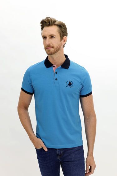 Orta Turkuaz Polo Yaka Slim Fit Dar Kesim Desenli Pamuk Tişört