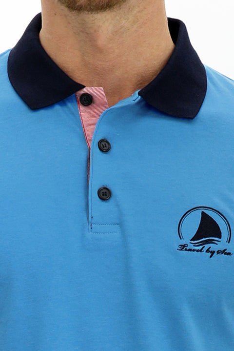 Orta Turkuaz Polo Yaka Slim Fit Dar Kesim Desenli Pamuk Tişört