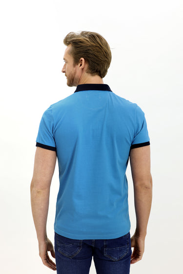 Orta Turkuaz Polo Yaka Slim Fit Dar Kesim Desenli Pamuk Tişört