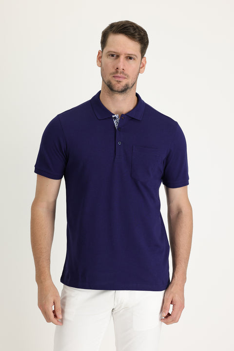 Orta Lacivert Polo Yaka Slim Fit Dar Kesim Pamuk Tişört