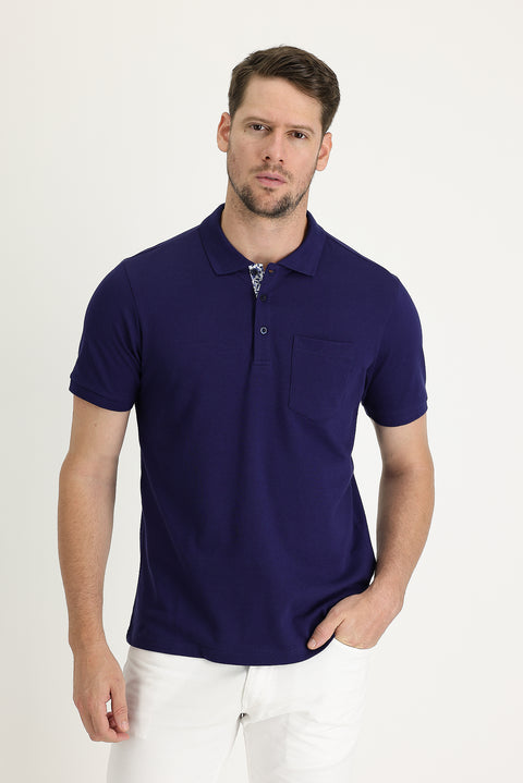 Orta Lacivert Polo Yaka Slim Fit Dar Kesim Pamuk Tişört
