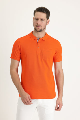  Orta Turuncu Polo Yaka Slim Fit Dar Kesim Pamuk Tişört