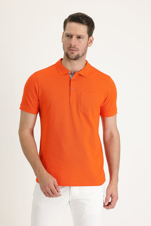 Orta Turuncu Polo Yaka Slim Fit Dar Kesim Pamuk Tişört