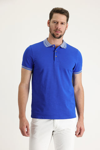  Saks Mavi Polo Yaka Slim Fit Dar Kesim Pamuk Tişört
