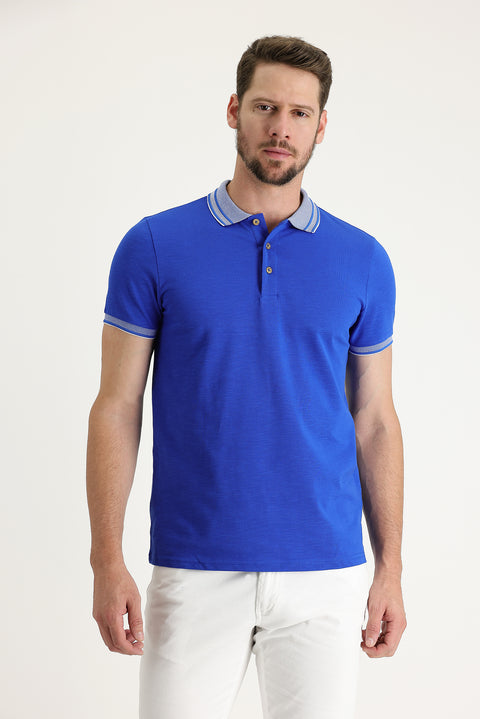 Saks Mavi Polo Yaka Slim Fit Dar Kesim Pamuk Tişört