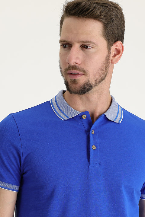 Saks Mavi Polo Yaka Slim Fit Dar Kesim Pamuk Tişört