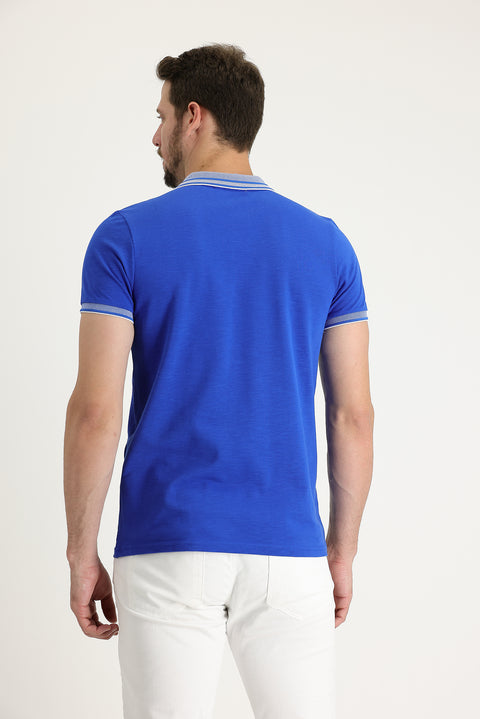 Saks Mavi Polo Yaka Slim Fit Dar Kesim Pamuk Tişört