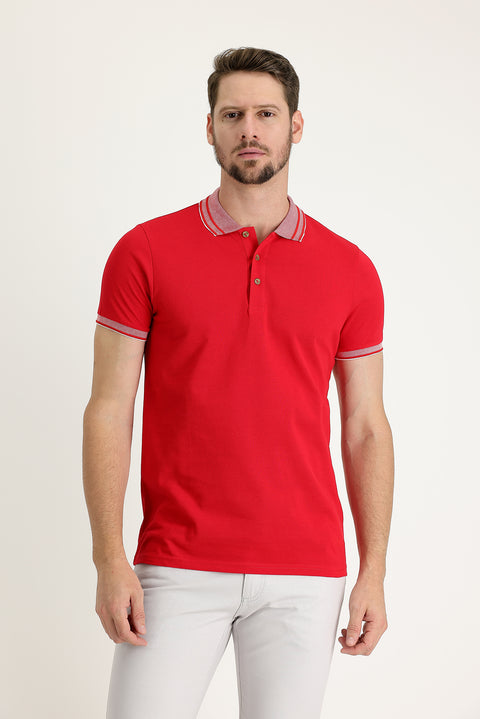 Açık Kırmızı Polo Yaka Slim Fit Dar Kesim Pamuk Tişört