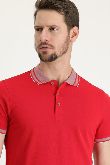 Açık Kırmızı Polo Yaka Slim Fit Dar Kesim Pamuk Tişört