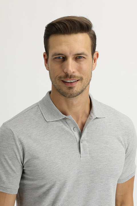 Açık Gri Melanj Polo Yaka Slim Fit Dar Kesim Nakışlı Tişört