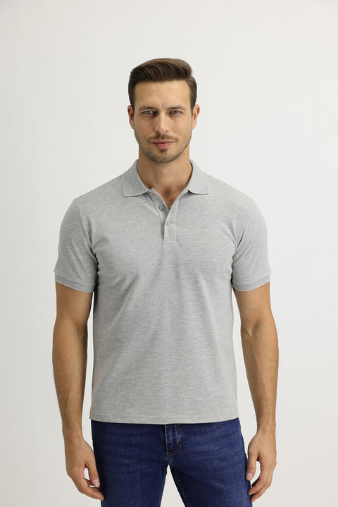 Açık Gri Melanj Polo Yaka Slim Fit Dar Kesim Nakışlı Tişört