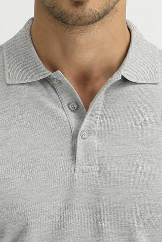  Açık Gri Melanj Polo Yaka Slim Fit Dar Kesim Nakışlı Tişört