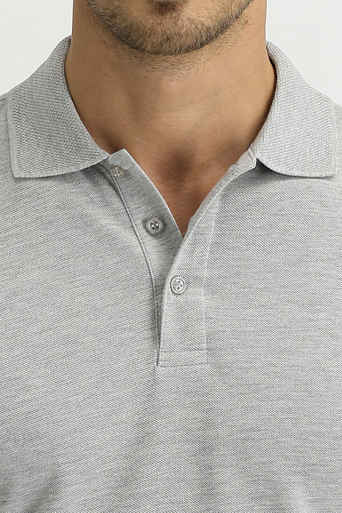 Açık Gri Melanj Polo Yaka Slim Fit Dar Kesim Nakışlı Tişört