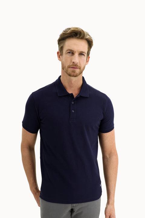 Orta Lacivert Polo Yaka Slim Fit Dar Kesim Nakışlı Pamuk Tişört