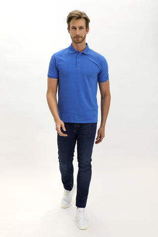  Kobalt Mavi Polo Yaka Slim Fit Dar Kesim Nakışlı Pamuk Tişört