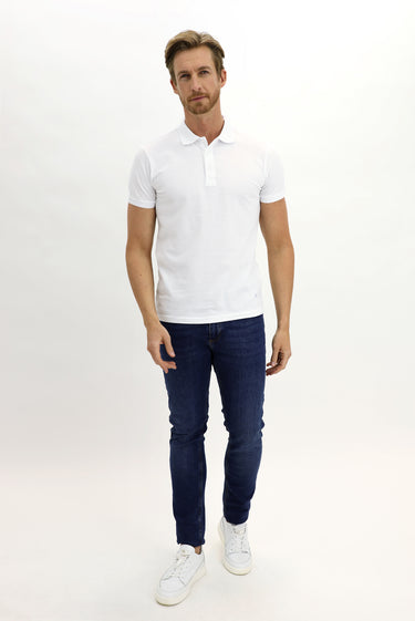  Beyaz Polo Yaka Slim Fit Dar Kesim Nakışlı Pamuk Tişört