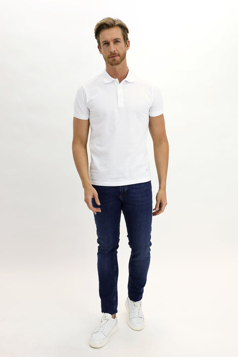 Beyaz Polo Yaka Slim Fit Dar Kesim Nakışlı Pamuk Tişört