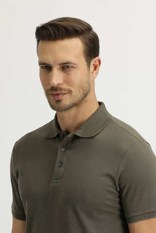  Orta Haki Polo Yaka Slim Fit Dar Kesim Nakışlı Pamuk Tişört