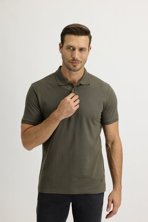 Orta Haki Polo Yaka Slim Fit Dar Kesim Nakışlı Pamuk Tişört