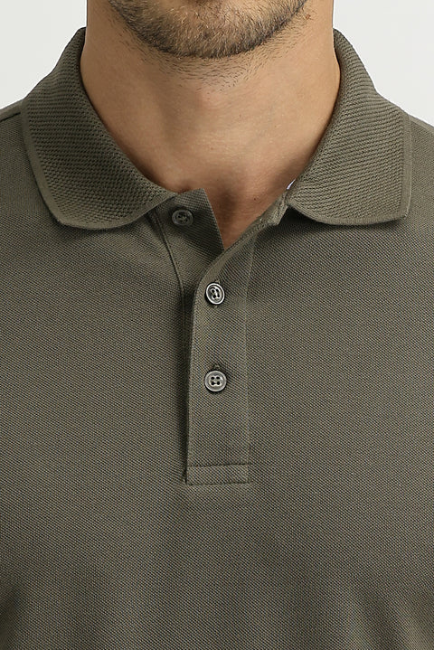 Orta Haki Polo Yaka Slim Fit Dar Kesim Nakışlı Pamuk Tişört