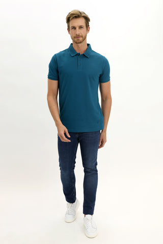  Koyu Petrol Polo Yaka Slim Fit Dar Kesim Nakışlı Pamuk Tişört