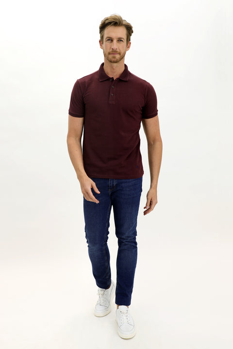 Koyu Bordo Polo Yaka Slim Fit Dar Kesim Nakışlı Pamuk Tişört