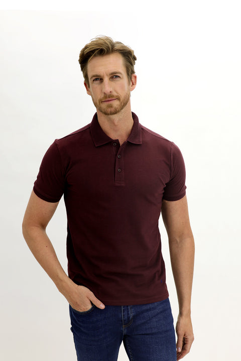 Koyu Bordo Polo Yaka Slim Fit Dar Kesim Nakışlı Pamuk Tişört