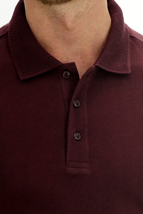 Koyu Bordo Polo Yaka Slim Fit Dar Kesim Nakışlı Pamuk Tişört