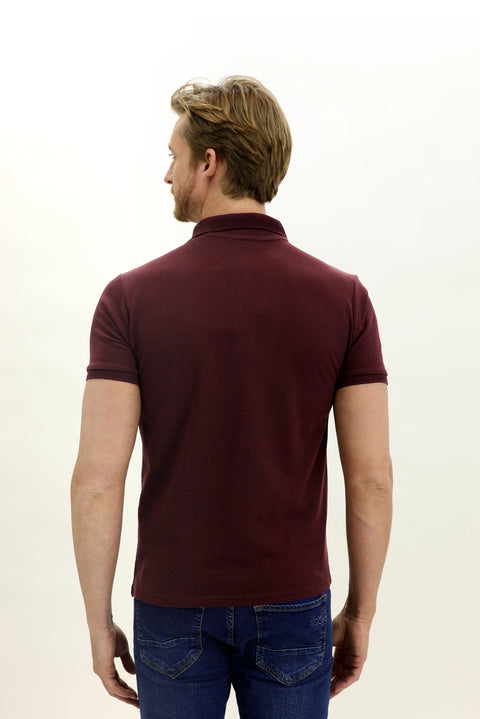 Koyu Bordo Polo Yaka Slim Fit Dar Kesim Nakışlı Pamuk Tişört