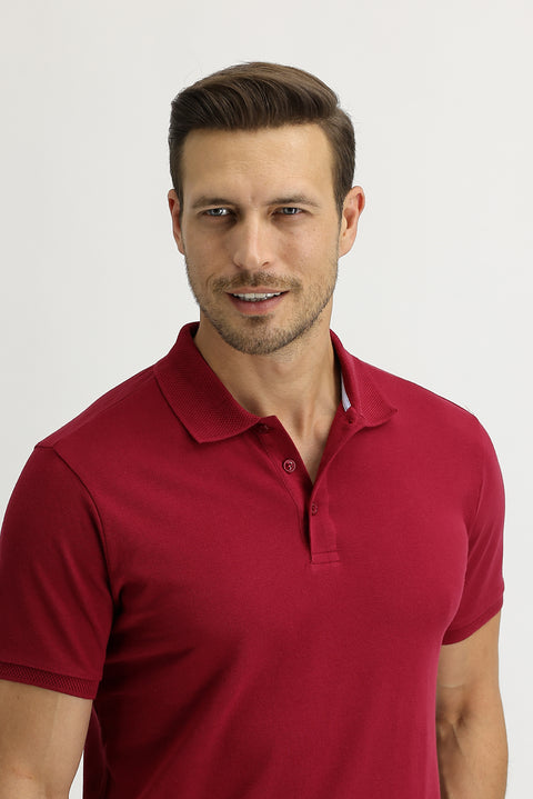 Koyu Kırmızı Polo Yaka Slim Fit Dar Kesim Nakışlı Pamuk Tişört