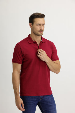  Koyu Kırmızı Polo Yaka Slim Fit Dar Kesim Nakışlı Pamuk Tişört