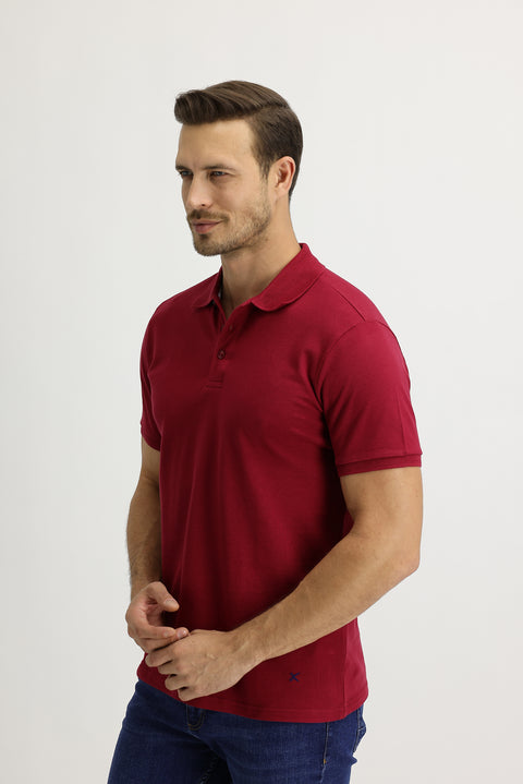 Koyu Kırmızı Polo Yaka Slim Fit Dar Kesim Nakışlı Pamuk Tişört